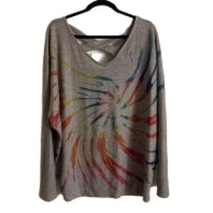 V-Neck Gray Sweater with Multicolor Swirl Print - Size 2X
